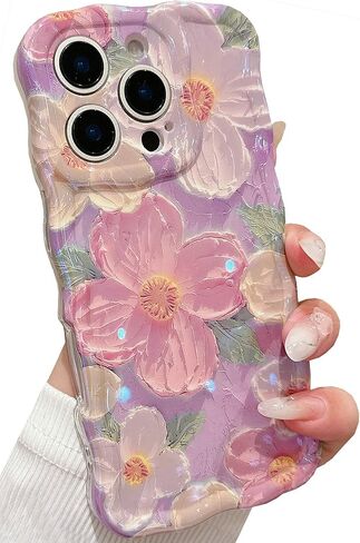 Shinymore for iPhone 16 Case,Soft Retro Oil Painting Flower Pattern Cute Pretty Shiny Wave Camera Protector Case Sparkly Floral Cover Case for Women Girls -Blue in Saudi Arabia