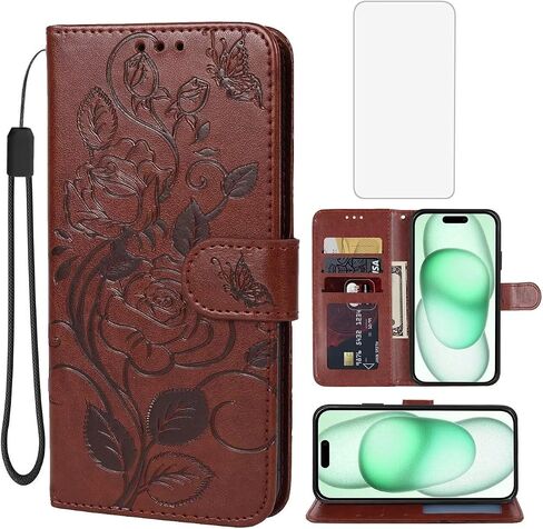 Case for iPhone 15 Plus Case 6.7", Apple 15 Plus Wallet Case with Tempered Glass Screen Protector, Flower Leather Flip Credit Card Holder Stand Phone Cover Cases for iPhone 15 Plus Brown in Saudi Arabia