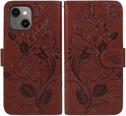 Case for iPhone 15 Plus Case 6.7", Apple 15 Plus Wallet Case with Tempered Glass Screen Protector, Flower Leather Flip Credit Card Holder Stand Phone Cover Cases for iPhone 15 Plus Brown in Saudi Arabia