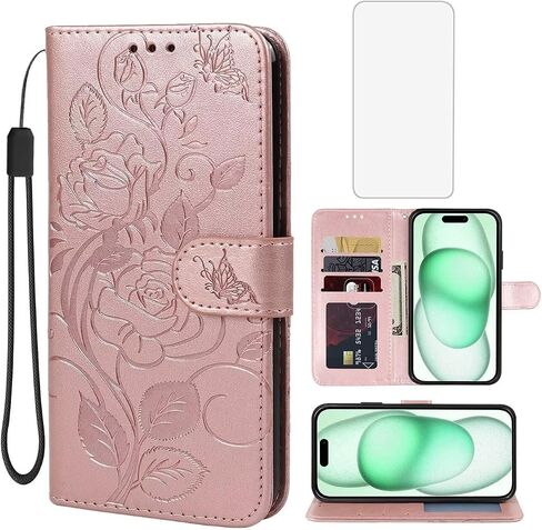 Case for iPhone 15 Plus Case 6.7", Apple 15 Plus Wallet Case with Tempered Glass Screen Protector, Flower Leather Flip Credit Card Holder Stand Phone Cover Cases for iPhone 15 Plus Brown in Saudi Arabia