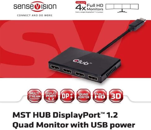 Club3D CSV-6400 Multi Stream Transport (MST) DisplayPort to DisplayPort Multi Monitor Splitter - 4-Port MST Hub - DP 1.2 to 4x DP MST Hub USB powered in Saudi Arabia