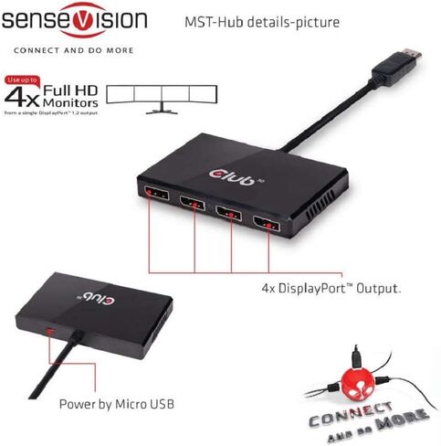 Club3D CSV-6400 Multi Stream Transport (MST) DisplayPort to DisplayPort Multi Monitor Splitter - 4-Port MST Hub - DP 1.2 to 4x DP MST Hub USB powered in Saudi Arabia