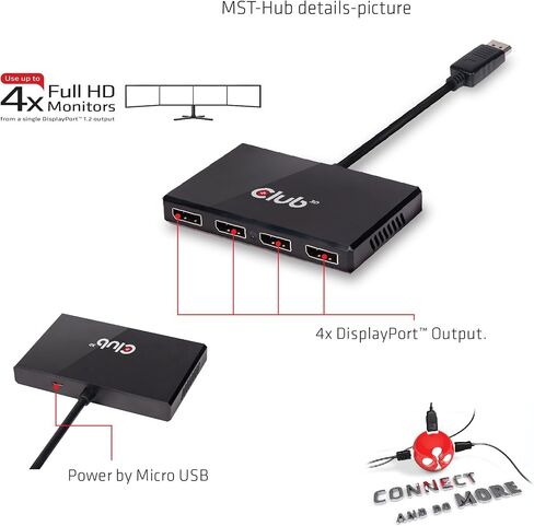 Club3D CSV-6400 Multi Stream Transport (MST) DisplayPort to DisplayPort Multi Monitor Splitter - 4-Port MST Hub - DP 1.2 to 4x DP MST Hub USB powered in Saudi Arabia