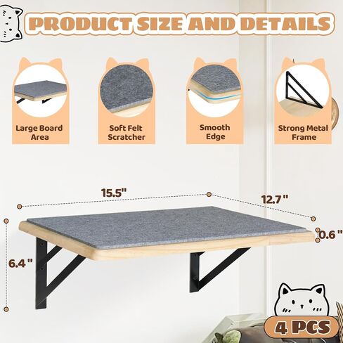 Cat Wall Shelves Set of 2, Wood Cat Shelves for Wall, Cat Wall Bed Hammock with Scratching Pad, Cat Climbing Shelf for Sleeping Playing, Cat Window Perch for Large Cats, Black Cat Furniture for Indoor in Saudi Arabia