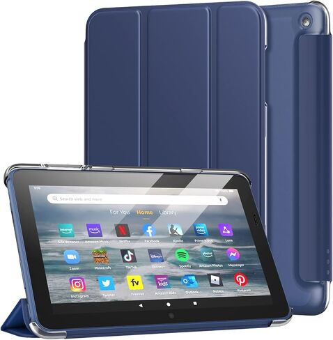حافظة MoKo تناسب أجهزة Amazon Kindle Fire 7 اللوحية الجديدة كليًا (إصدار 2022 - الجيل الثاني عشر) أحدث طراز 7 بوصات، غطاء حامل ثلاثي الطي من جلد البولي يوريثان مع غطاء خلفي بلوري شفاف مع خاصية التنبيه/السكون التلقائي، لون نيلي in Saudi Arabia