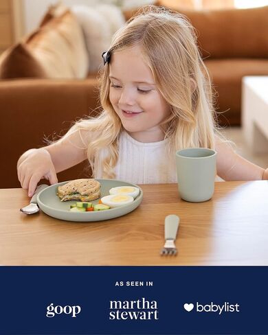 Lalo Big Bites Kids Dinnerware Full Set - Dishwasher Safe, BPA Free, Kids Tableware Set - Includes Stackable Bowl, Plate, Utensils & Cup - 7 Pieces - Oatmeal in Saudi Arabia
