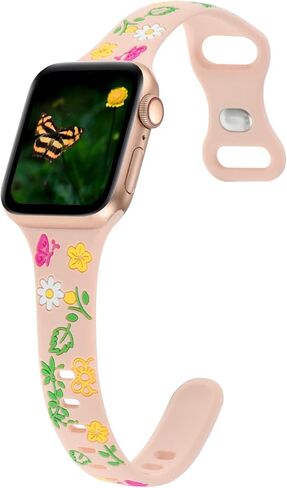 Slim Floral Engraved Band Compatible with Apple Watch Bands 41mm 40mm 38mm 42mm 44mm 45mm 46mm 49mm Women, Thin Wristband Flower Soft Silicone Sport Strap for iWatch Series 10 9 8 7 6 5 4 3 2 SE Ultra in Saudi Arabia