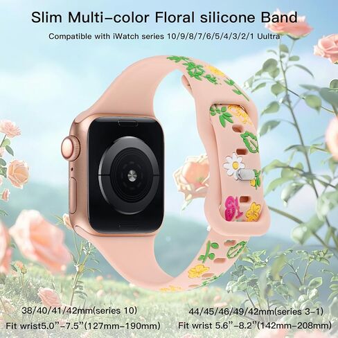Slim Floral Engraved Band Compatible with Apple Watch Bands 41mm 40mm 38mm 42mm 44mm 45mm 46mm 49mm Women, Thin Wristband Flower Soft Silicone Sport Strap for iWatch Series 10 9 8 7 6 5 4 3 2 SE Ultra in Saudi Arabia