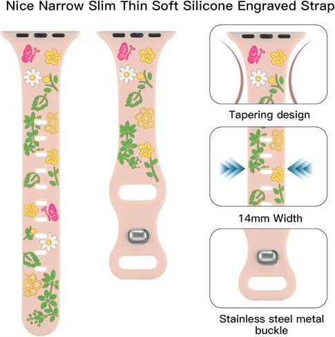 Slim Floral Engraved Band Compatible with Apple Watch Bands 41mm 40mm 38mm 42mm 44mm 45mm 46mm 49mm Women, Thin Wristband Flower Soft Silicone Sport Strap for iWatch Series 10 9 8 7 6 5 4 3 2 SE Ultra in Saudi Arabia