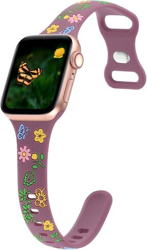 Slim Floral Engraved Band Compatible with Apple Watch Bands 41mm 40mm 38mm 42mm 44mm 45mm 46mm 49mm Women, Thin Wristband Flower Soft Silicone Sport Strap for iWatch Series 10 9 8 7 6 5 4 3 2 SE Ultra in Saudi Arabia