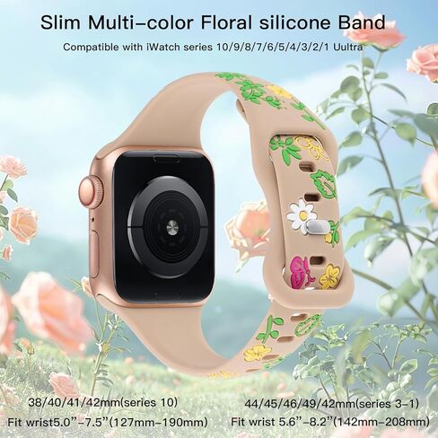 حزام نحيف منقوش بالزهور متوافق مع أساور ساعة Apple 41 مم 40 مم 38 مم 42 مم 44 مم 45 مم 46 مم 49 مم للنساء، سوار معصم رفيع من السيليكون الناعم على شكل زهرة لسلسلة iWatch 10 9 8 7 6 5 4 3 2 SE Ultra in Kuwait