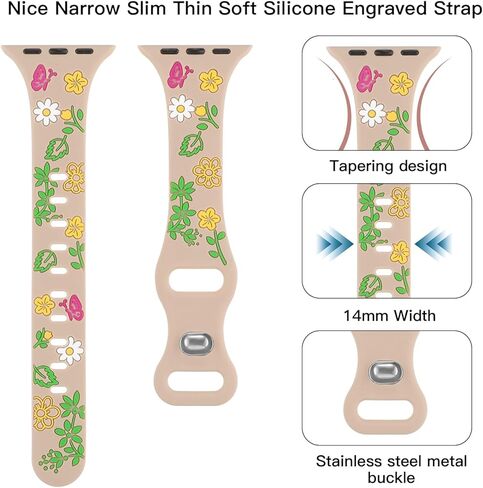 حزام نحيف منقوش بالزهور متوافق مع أساور ساعة Apple 41 مم 40 مم 38 مم 42 مم 44 مم 45 مم 46 مم 49 مم للنساء، سوار معصم رفيع من السيليكون الناعم على شكل زهرة لسلسلة iWatch 10 9 8 7 6 5 4 3 2 SE Ultra in Kuwait