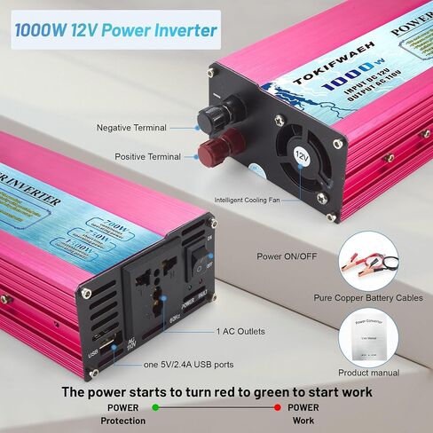 1000W Pure Sine Wave Inverter 12V DC to AC 110V Converter Peak Power 2000W Power Inverters for Vehicles with One AC Outlets, One USB Port,Two Smart Fans,Suitable for RV, Boat,Emergency in Saudi Arabia