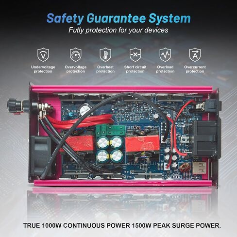 1000W Pure Sine Wave Inverter 12V DC to AC 110V Converter Peak Power 2000W Power Inverters for Vehicles with One AC Outlets, One USB Port,Two Smart Fans,Suitable for RV, Boat,Emergency in Saudi Arabia