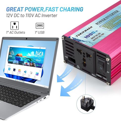 1000W Pure Sine Wave Inverter 12V DC to AC 110V Converter Peak Power 2000W Power Inverters for Vehicles with One AC Outlets, One USB Port,Two Smart Fans,Suitable for RV, Boat,Emergency in Saudi Arabia