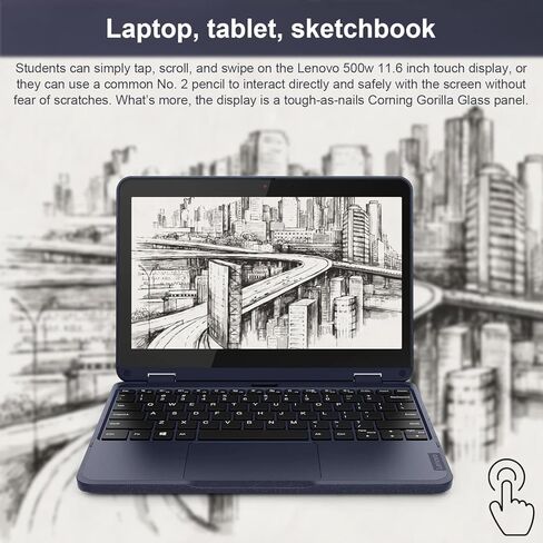 كمبيوتر محمول Lenovo 500w 2 في 1 (شاشة لمس 11.6 بوصة، Intel Pentium N6000، ذاكرة الوصول العشوائي 8 جيجابايت، 512 جيجابايت SSD) متين ومقاوم للماء للطلاب والمدرسة، كاميرا ويب، واي فاي، ويندوز 11 هوم، أزرق (متجدد) in Kuwait