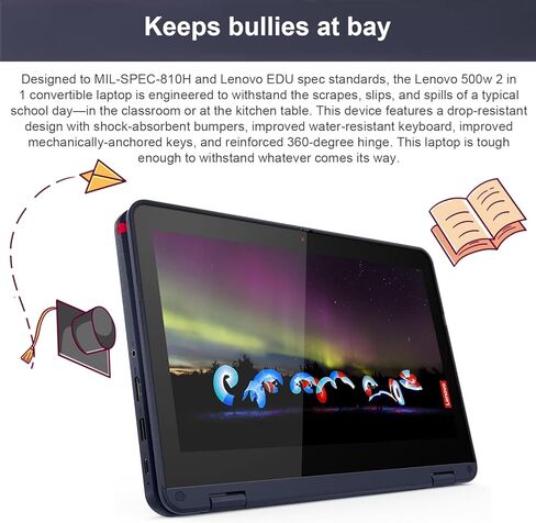 كمبيوتر محمول Lenovo 500w 2 في 1 (شاشة لمس 11.6 بوصة، Intel Pentium N6000، ذاكرة الوصول العشوائي 8 جيجابايت، 512 جيجابايت SSD) متين ومقاوم للماء للطلاب والمدرسة، كاميرا ويب، واي فاي، ويندوز 11 هوم، أزرق (متجدد) in Kuwait
