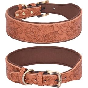 Basic Dog Collars, for Large Dogs, Medium Dogs & Small Dogs, PU Leather Collar for Dogs, Embossed Print Leather Dog Collars (M, Brown)