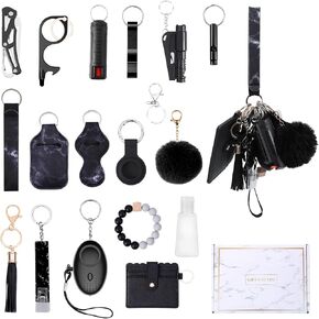 Newest Personal Safety Alarm Keychain Set for Girls Women, Gift Kit with Card Holder Bottle Opener Whistle Pompom