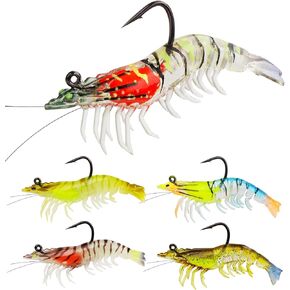QualyQualy Fishing Lures Shrimp Baits, Soft Shrimp Lure with Sharp Hooks, 5 PCS Luminous Shrimp Bait Set for Freshwater and Saltwater Trout Bass Salmon Crappie Walleye Pike Perch