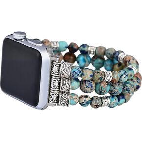 Boho Jasper Handmade Watch Band: Bohemian Natural Stone Smartwatch Stretch Cord Bands Compatible with Apple Watch 38mm/40mm/41mm/42mm/44mm/45mm/49mm Boho Imperial Jasper Natural Energy Stone Gemstone iWatch Strap