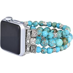 Boho Jasper Handmade Watch Band: Bohemian Natural Stone Smartwatch Stretch Cord Bands Compatible with Apple Watch 38mm/40mm/41mm/42mm/44mm/45mm/49mm Boho Imperial Jasper Natural Energy Stone Gemstone iWatch Strap