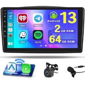 Hikity 2+64GB Android 13 Carplay Stereo for Toyota Sienna 2004-2010 with Wireless Carplay Android Auto Mirror Link, 9 Inch Touchscreen Radio GPS WiFi Bluetooth FM RDS HiFi MIC Backup Camera