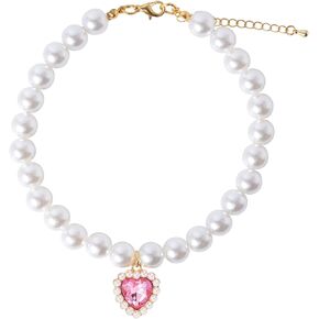 Pearl Dog Collar Heart Shape Rhinestone Necklaces Pet Jewelry for Cats Small Dogs Puppy Collar Accessories (Pink, Small)