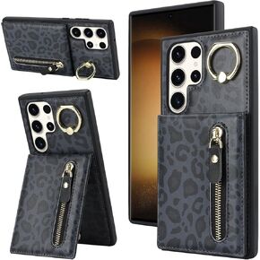 Jaorty for Samsung Galaxy S23 Ultra 5G Phone Case with Card Holder,Galaxy S23 Ultra 5G Case Wallet for Women Men with 360 Rotation Ring Kickstand, Leather Zipper Wallet Case,6.8",Black Leopard