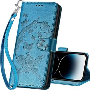 for iPhone 15 Pro Wallet case, Flip Folio Cover with Stand Feature for Women Men, PU Leather Phone Case Fit for iPhone 15 Pro 6.1'' [Rose Gold-Butterfly]