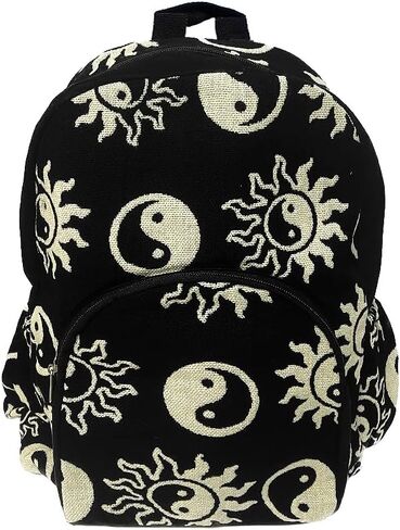 Mia Jewel Shop Yin Yang Large Backpack Retro Print Pattern Adjustable Strap Cushioned Fashion Handmade Bag Boho Accessories (Black/White) in Saudi Arabia