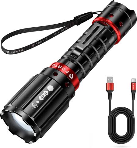 FORTO Flashlight 1000 High Lumens, Super Bright LED Rechargeable Flashlight, Zoomable, Waterproof, 3 Modes Flash Light, Tactical Flashlight for Camping, Hiking, Emergency, Max Range 600m in Saudi Arabia