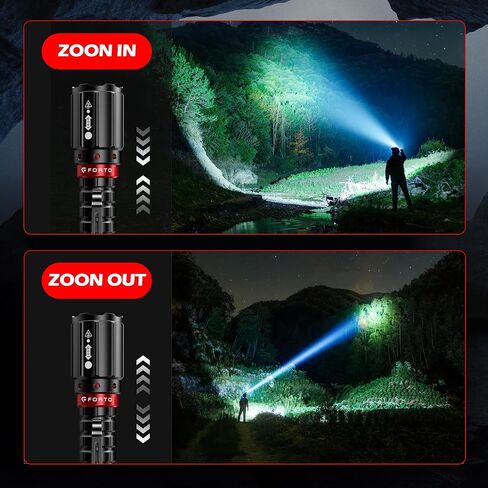 FORTO Flashlight 1000 High Lumens, Super Bright LED Rechargeable Flashlight, Zoomable, Waterproof, 3 Modes Flash Light, Tactical Flashlight for Camping, Hiking, Emergency, Max Range 600m in Saudi Arabia