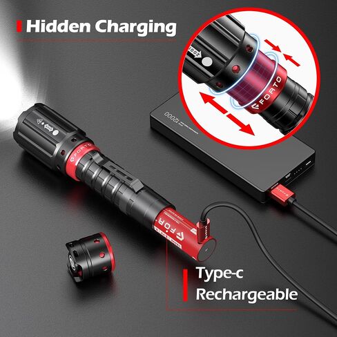 FORTO Flashlight 1000 High Lumens, Super Bright LED Rechargeable Flashlight, Zoomable, Waterproof, 3 Modes Flash Light, Tactical Flashlight for Camping, Hiking, Emergency, Max Range 600m in Saudi Arabia