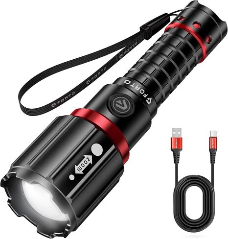 FORTO Flashlight 1000 High Lumens, Super Bright LED Rechargeable Flashlight, Zoomable, Waterproof, 3 Modes Flash Light, Tactical Flashlight for Camping, Hiking, Emergency, Max Range 600m in Saudi Arabia