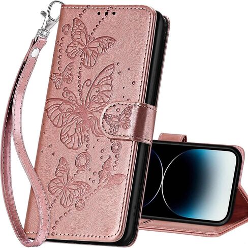 for iPhone 15 Pro Wallet case, Flip Folio Cover with Stand Feature for Women Men, PU Leather Phone Case Fit for iPhone 15 Pro 6.1'' [Rose Gold-Butterfly] in Saudi Arabia
