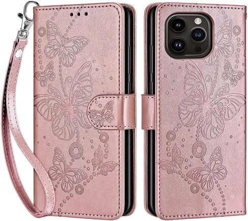 for iPhone 15 Pro Wallet case, Flip Folio Cover with Stand Feature for Women Men, PU Leather Phone Case Fit for iPhone 15 Pro 6.1'' [Rose Gold-Butterfly] in Saudi Arabia