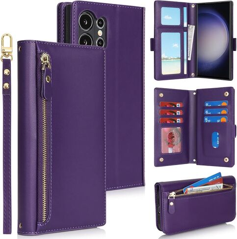 Jaorty for Samsung Galaxy S23 Ultra 5G Phone Case with Card Holder,Galaxy S23 Ultra 5G Case Wallet for Women Men with 360 Rotation Ring Kickstand, Leather Zipper Wallet Case,6.8",Black Leopard in Kuwait