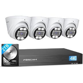 FOSCAM 4K 8MP NVR PoE Security Camera System 8 Channel NVR 4pcs Wired Outdoors IP PoE 8MP Security Cameras, 2TB HDD, Color Night Vision, 2-Way Audio, AI Human Vehicle Detection, FNA108E-T4