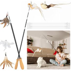 ROSAUI Cat Teaser Wand Toys, Interactive Bird Toys for Indoor Kittens, 42.15’’ Long Cat Fishing Pole Toys, 2Pcs Wires and 5Pcs Natural Refills, Sustainable Wooden Handles, Exercising, Playing in Kuwait