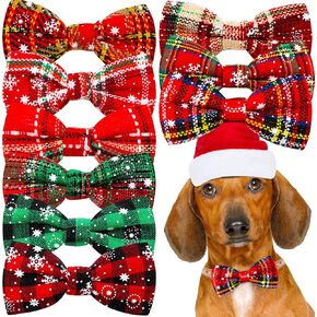 9pcs Christmas Small Dog Bow Ties, Slides Dog Collar Grooming Attachment Bow Ties, Adjustable Holiday Plaids Snowflake Bowties with Elastic Bands for Festival Puppy Dog Collar Accessories