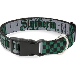 Warner Bros. Pet Collar, Dog Collar Plastic Buckle, Harry Potter Slytherin Checker Blocks Grays Greens, 11 to 16.5 Inches 1.0 Inch Wide