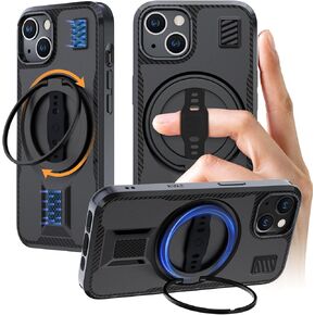 EWA for iPhone 15 Pro Max Phone Case [Compatible with Magsafe] with Ring Stand, Silicone Strap Grip, Dual Magnet Backsnap, Rugged Drop Protection 6.7"(Black)