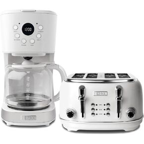 Haden 4 Slice Wide Slot Toaster with Removable Crumb Tray and 12 Cup Programmable Retro Coffee Maker Machine Kitchen Appliance Set, Black/Chrome