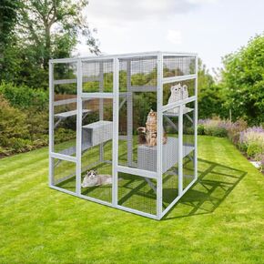 Outdoor Wooden Cat House with Anti-UV & Waterproof,Solid Wood Pet Cage Shelter Enclosure Playpen W/ 7 Jumping Platforms & 2 Napping Space,Large Catio for Indoor Play,62.6"L x 32.3"W x 70.1"H
