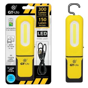 LED Rechargeable Work Light 300 Lumen Flash Light, 6ft Cable, Hanging Hook, Magnetic Base, Kickstand, 3 Settings, High/Low/Flashlight, Emergency Kits, Camping Light, Utility, Plumbing Light