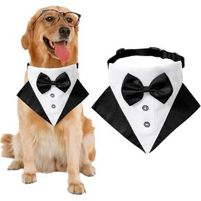 Formal Dog Tuxedo Bandana Dog Wedding Bandana Collar Dog Collar with Bow Tie Adjustable Dog Bowtie Collar Bandana for Small Medium Large Dog Pet (Balck, L)