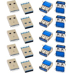 20pcs for USB 3.0 9-Pin Type A Female and Male Connector Adapter Socket 180 SMT 90 Degree Jack Port for Repair Replacement (10pcs Male and 10pcs Female)