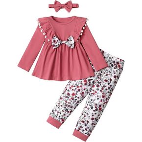 Toddler Girl Clothes Solid Color and Ruffled Sleeve Tops Floral Pants with Headband Fall Winter Toddler Girl Outfits