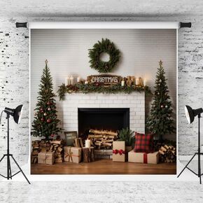 Kate Christmas Fireplace Photo Backdrop Modern Cool White Brick Background Christmas Tree Gifts Photo Background Studio Props,7x5ft